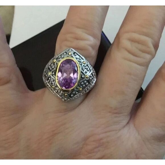 3Ct. Two-Tone Bead Genuine Oval Amethyst Gemstone Ring #9 - Picture 3 of 4